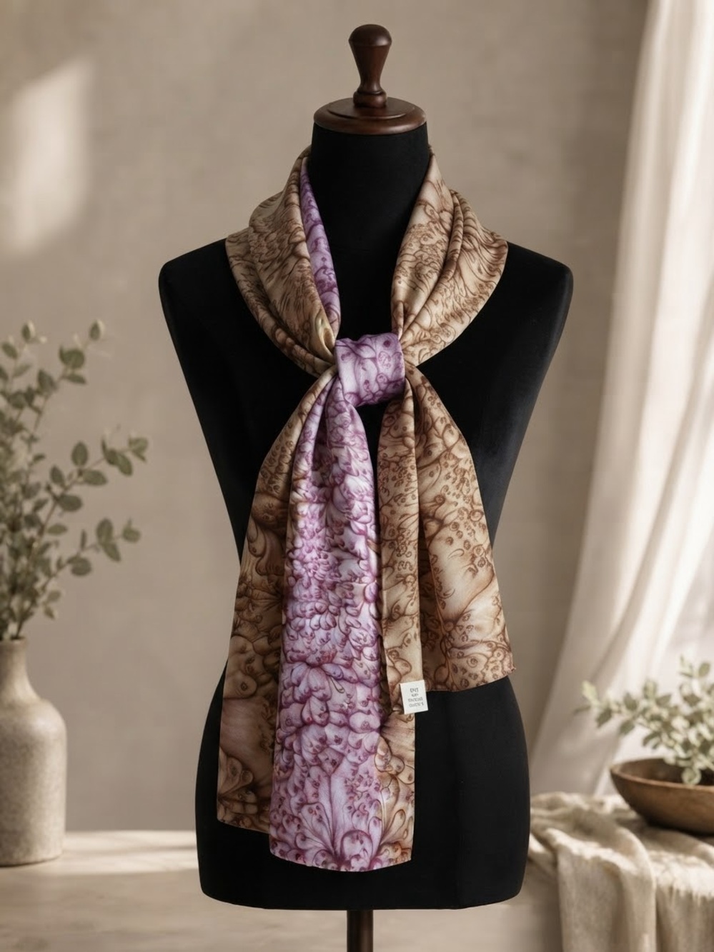 NIB Hand Made Batik 100% Silk Long Scarf Purple Brown Abstract